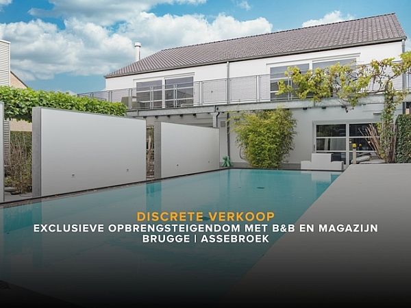 Deze exclusieve opbrengsteigendom met privé-woning | b&b/wellness | magazijn is gelegen in de stadsrand van Brugge Centrum. 
Een unieke en polyvalente mix van mogelijkheden biedt dit modern en stijlvol pand - gerenoveerd door architect Luc De Beir.

Het domein beschikt over een zeer ruime privé-woning (301m²) met 4 slaapkamers - een apart B&B-gebouw vergund voor 8 kamers - een volledig uitgeruste wellness met een verwarmd buiten zwembad en bovendien nog een ruim magazijn (275m²). De wellness beschikt een originele boomhut met infraroodruimte, een hammamtafel, een Dutchtub, etc...
Diverse andere mogelijkheden zijn uiteraard bespreekbaar: zoals kangoeroewoning - groepspraktijk - kantoor of vrij beroep.

Algemene hoogwaardige afwerkingsgraad met duurzame materialen zoals marmer, mortex, corian en overal inbouwkasten aanwezig.
Er zijn 2 industriële keukens aanwezig van Angelo Po.

Interesse in deze unieke verborgen parel op wandelafstand van Brugge Centrum?
Ontdek deze exclusieve eigendom en plan uw afspraak voor een uitgebreide rondleiding.


